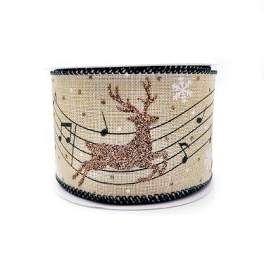 Imagem de Designer's Shop Fita de Natal com glitter musical de rena em serapilheira com fio WR 63-5173 6,3 cm x 10 jardas para artesanato DIY, decoração de casa