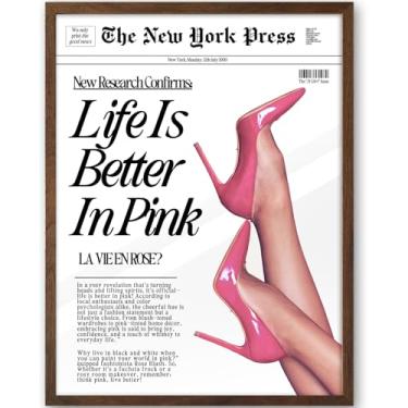 Imagem de iHery Arte de parede emoldurada em madeira de carvalho natural, rosa bebê, nogueira, 30,5 x 40,6 cm, Life Is Better In Pink, arte moderna de jornal para quarto, banheiro, sala de estar, 1 pacote