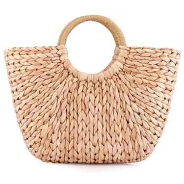 Imagem de Bolsa feminina de vime de verão de palha tecida à mão com alça superior para praia, mar, palha, vime, bolsa clutch, Rosa cáqui, One Size