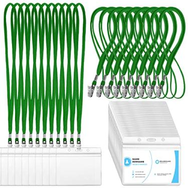 Imagem de 100 etiquetas de nome transparentes com cordão, cordão reutilizável com suporte de identificação, crachás de nome de plástico com cordões para adultos, crianças, conferência de igreja de negócios, escola (verde escuro)