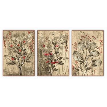 Imagem de Kit Com 3 Quadros Decorativos Florais Com Moldura Para Sala Quarto Escritório 67x92 Flo...