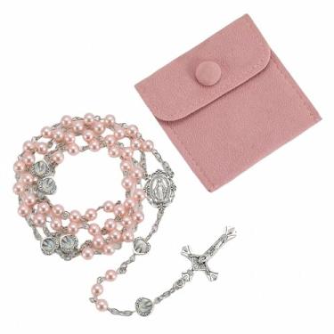 Imagem de 1 colar de contas de pérolas de vidro com epóxi milagroso coração contas de metal rosário pacote em saco de presente de veludo com joia Rosary Pray, 50cm, Zinco, Sem Pedra Preciosa