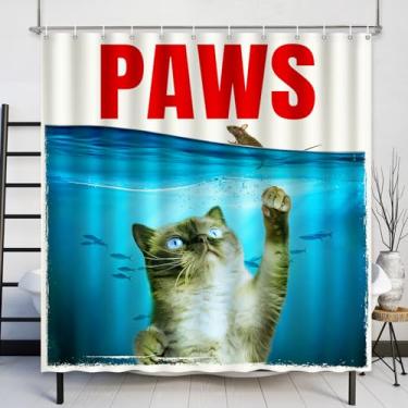 Imagem de Lokigo Cortina de chuveiro cinza engraçada, gato fofo perseguindo o rato em azul petróleo oceano náutico cortinas de chuveiro para decoração de banheiro, cortinas de chuveiro de poliéster à prova