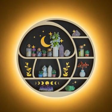 Imagem de Prateleira de parede circular de cogumelo na lua com luz de LED, prateleira de bugiganga de madeira, prateleira de exibição de cristal para decoração de cogumelos e lua, para pedras, pedras de cura