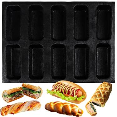 Imagem de Assadeira Baguete Pão Folhas Perfuradas Eclair Malha Molde de Silicone Barra Retangular 40 x 30 x 3,2 cm 10 cavidades por furo 13 x 5,4 x 3,2 cm