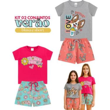 Imagem de Kit 2 Conjunto Verão Infantil Juvenil Feminino Blusinha e Shorts em Al