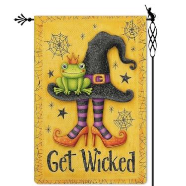 Imagem de Jauageon Get Wicked Garden Flag Witch Hat Holiday Garden Flag The Frog Prince Vertical Dupla Face Rústico Farmland Serapilheira Jardim Jardim Gramado Decoração Externa 31,8 x 45,7 cm