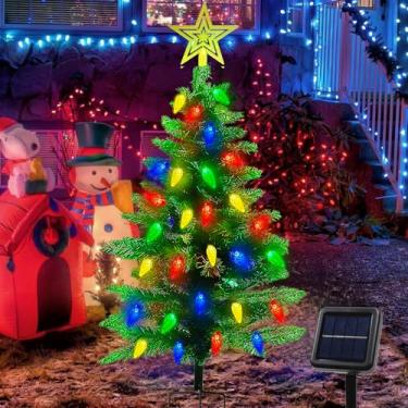 Imagem de Árvore de Natal solar de 1,2 m, decorações de Natal ao ar livre, árvore de Natal pequena de 250 galhos com 100 luzes LED C6, luzes de Natal solares à prova d'água para varanda, caminho, quintal