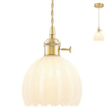 Imagem de Mini luzes pendentes ilha de cozinha, luminária pequena ajustável com abajur de vidro tulipa branco leite, iluminação pendente dourada vintage, luz pendente para quarto, sala de jantar, corredor