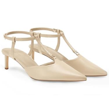 Imagem de Coutgo Sapato social feminino com salto gatinho, tira em T, fechado, bico fino, salto baixo, tira no tornozelo, confortável, Nude., 40