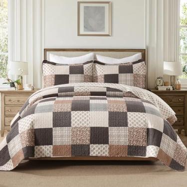 Imagem de DUOHONG Conjunto de colcha 100% algodão tamanho Queen – edredom acolchoado xadrez, colcha queen reversível de patchwork, cama de fazenda moderna leve para cama Queen, 3 peças, carvão/bege/marrom/cinza