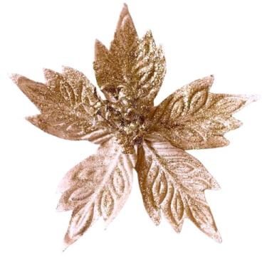 Imagem de Kit 12 Flores Poinsettias Champagne Enfeites Natalinos Pendente Para Arvore De Natal Guirlanda Mesa Posta Decoração Luxo Flor Poinsettia Com Haste Enfeite Decorativo Premium Champanhe Luxo Sofisticado