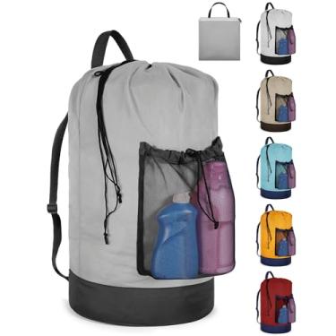 Imagem de Bolsa de lavanderia com alças de ombro e bolso de malha, grande cesto de roupa suja portátil para lavanderia universitária e apartamento