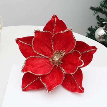 Imagem de 6 peças de enfeite de árvore de magnólia de Natal com purpurina, flores artificiais de poinsétia de 22 cm, flores de magnólia com haste para árvore de Natal, Natal, faça você mesmo, guirlanda