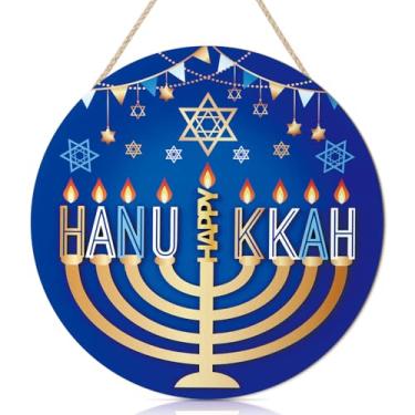 Imagem de TOARTi Placa de parede 3D Happy Hanukkah Welcome Front Door Hanging (28 x 28 cm), placa de parede rústica de estrela de castiçal de chanucá, decoração de parede de madeira para festa de férias judaica