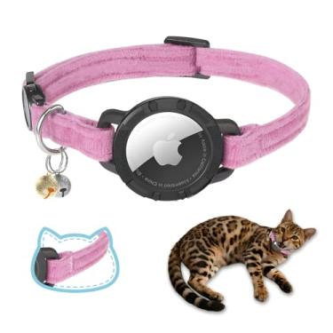 Imagem de Coleira para gatos AirTag, coleira dupla de veludo para gatos com suporte para Apple Air Tag e sino, ultradurável, ajustável, liberação rápida, serve para a maioria dos gatos pequenos e grandes (21 a