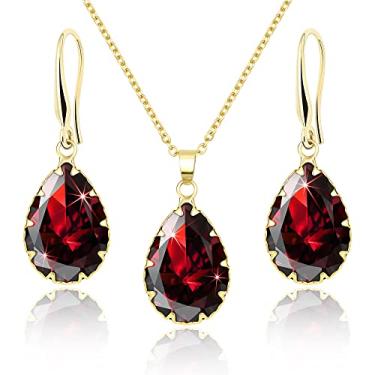 Imagem de Linawe Conjuntos De Joias Cristal Rubi, Conjunto Brincos E Colares Ouro Femininos Modernos, Pingente Diamante Falso Com Strass, Joia Casamento Estilo Boho, Zircônia Cúbica Em Formato Lágrima