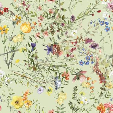 Imagem de VEELIKE Papel de parede floral verde descasque e cole flores silvestres vintage papel de parede para quarto sala de estar 48 cm x 395 cm papel de parede floral removível autoadesivo para gavetas de
