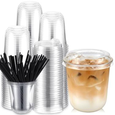 Imagem de Ziliny 100 conjuntos de copos de café de plástico transparente com tampas de gole e canudo para mexer, copos descartáveis para animais de estimação transparentes para café gelado, bebidas frias