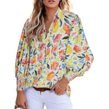 Imagem de Camisa feminina elegante, manga lanterna romântica, decote em V, amare