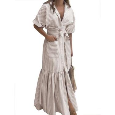 Imagem de Vestido maxi feminino utcoco, listrado de verão, algodão cáqui