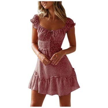 Imagem de Mulheres Costura Ruffled Floral Saia Manga Curta Lace-up Vestido de Ci