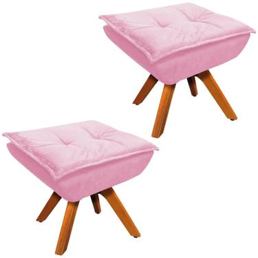 Imagem de Kit 2 Puff's Decorativos Base Giratória em Madeira Charger Suede Rosa - Gran Belo
