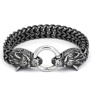 Imagem de GuoShuang Pulseira masculina de aço inoxidável nórdico com corrente de rei viking cabeça de lobo 21 23 25 cm Prata