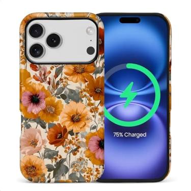 Imagem de ZHEGAILIAN Capa magnética para iPhone 17 Pro, compatível com capa rígida MagSafe + silicone macio 2 em 1 híbrido à prova de choque capa protetora contra quedas floral sonho flores silvestres bordado