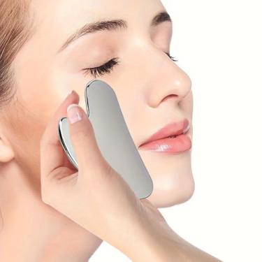 Imagem de Ferramenta facial Gua Sha de aço inoxidável, ferramenta Guasha para rosto e olhos, ferramenta de mensagem prateada