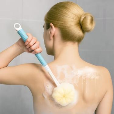 Imagem de Esfregador traseiro extensível 2 em 1 para chuveiro - Bucha de alça longa e escova corporal com cerdas macias, escova de banho dupla face para homens e mulheres (azul)