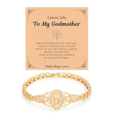 Imagem de Pulseira feminina de ouro virgem maria - pulseira católica banhada a ouro 14k, zircônia cúbica não manchada joia religiosa dourada Virgem de Guadalupe, confirmação de fé, primeira comunhão, madrinha