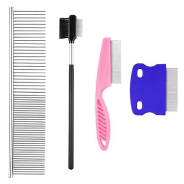 Imagem de Pacote com 4 pentes de pulgas para animais de estimação – Ferramenta de cuidados com cães e gatos de aço inoxidável dupla face com dentes arredondados, removedor profissional de manchas de lágrimas