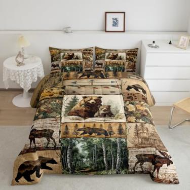 Imagem de Conjunto de cama rústico para meninos, adolescentes, natureza, urso, alce, esquilo, campo, floresta, vida selvagem, edredom para acampamento, casa de fazenda, chalé, decoração de quarto com 2 fronhas