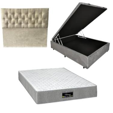 Imagem de Cama Box Baú Blindada com RivIera Molas Ensacadas 25cm de altura + Cabeceira Botonê (SUEDE CINZA, Casal)