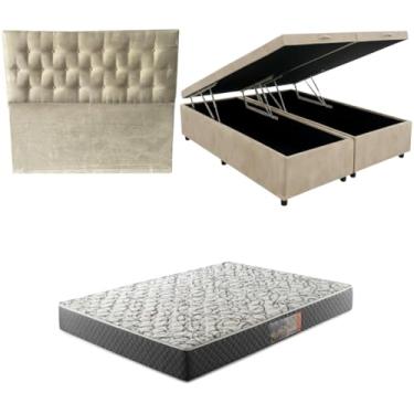 Imagem de Cama Box Baú Bipartida Blindada com Colchão de Espuma D33 20cm + Cabeceira Botonê (SUEDE BEGE, Casal Bipartido)