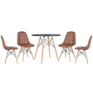 Imagem de Loft7, KIT - Mesa Eames 80 cm preto + 4 cadeiras Eames Botonê marrom