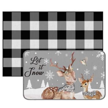 Imagem de Dunzy Tapete de boas-vindas de Natal, 2 peças, capacho de rena ao ar livre, 43 x 76 cm e preto, branco, xadrez, tapete de entrada, 71 x 109 cm, tapete antiderrapante em camadas para decoração interna
