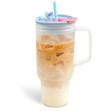 Imagem de Copo de plástico fosco de 1,134 g com alça e canudo, caneca de viagem grande reutilizável com tampa para bebidas frias e quentes, copo de acrílico transparente para café gelado, vitaminas, suco