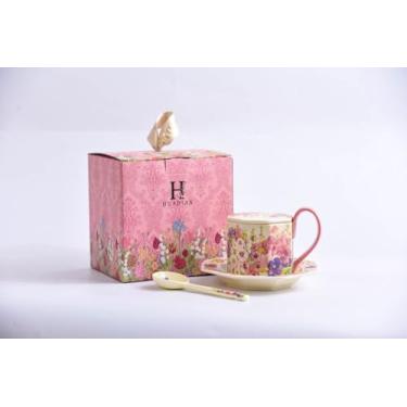 Imagem de Conjunto de xícaras de café octogonais de cerâmica estilo vintage com ouro - borda combinando com pires - Padrão floral requintado