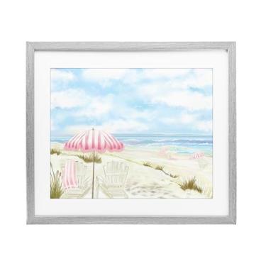 Imagem de Stupell Industries Paisagem marítima com guarda-chuva rosa cinza impressão emoldurada sob vidro, design por Lori Mosley, 13 x 16