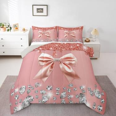 Imagem de Conjunto de edredom cinza com laço, céu estrelado com lantejoulas; conjunto de cama casal com nó de laço rosa claro feminino, princesa sonhadora, gravata borboleta, edredom rosa, kawaii, decoração de