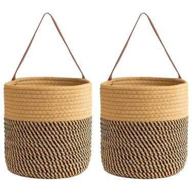 Imagem de Cestas pequenas de juta para pendurar na parede, 2 peças de armazenamento de corda de algodão, alças de couro, para plantas, cosméticos, decoração de casa