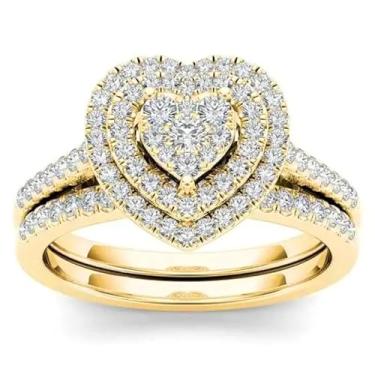 Imagem de Conjunto de 2 peças de anel de coração doce de zircônia para mulheres, acessório de moda para encontros, festas, férias, moda, 9, Cobre, Zircônia cúbica