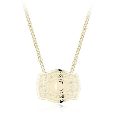 Imagem de Colar com pingente de letra inicial banhado a ouro 14K com fivela de cinto em relevo, compre 1 e ganhe 2 correntes, colar personalizado para mulheres, 18 inches +2 inches extender, Liga de aço, Sem