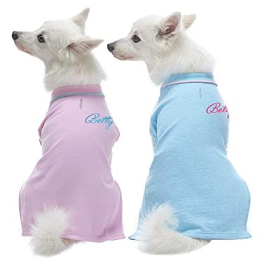 Imagem de Blueberry Pet Pacote de 2 camisetas polo personalizadas personalizadas de volta para cães com nome bordado, rosa pastel e azul, comprimento das costas 30,48 cm, roupas personalizadas para cães