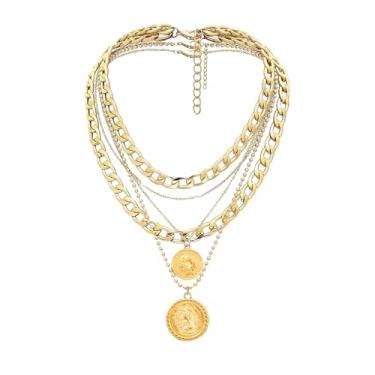Imagem de GAUEIOUR Colar de corrente punk grossa, medalhão gravado em várias camadas, pingente de moeda Queen Elizabeth, estilo hip-hop, colar cubano exagerado