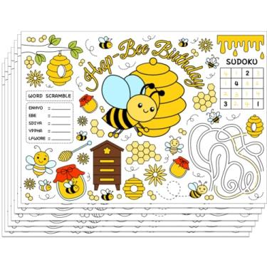Imagem de WEBEEDY Jogo americano de aniversário de desenho animado faça você mesmo, 30 peças, adorável tema de abelha, para atividades de colorir, tapete de papel, mesa de jantar, para aniversário, Natal