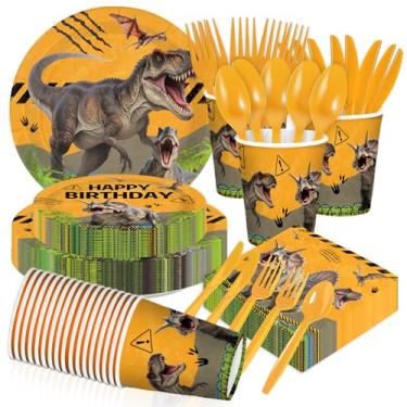 Imagem de 168 peças de decorações de aniversário de dinossauros pratos e guardanapos de aniversário laranja com tema de dinossauro lembrancinhas para crianças meninos aniversário chá de bebê vintage tema
