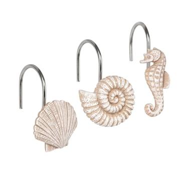 Imagem de Sunlit Ganchos decorativos para cortina de chuveiro com conchas, anéis de cortina de chuveiro de nautilus e cavalo-marinho, blush de concha, resina, ganchos de cortina de chuveiro de praia para